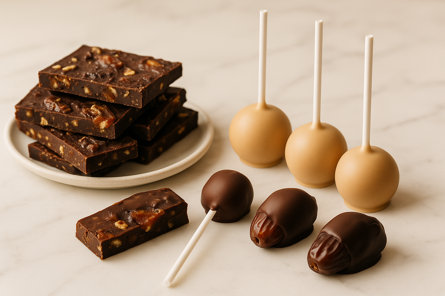 date bark dark chocolate, tan cake pops, chocolate dipped dates