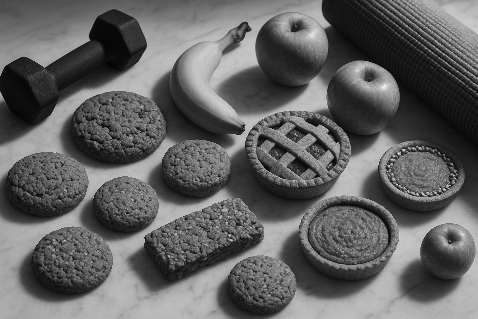 HEALTH, FITNESS, WELNESS, COOKIES, PIES, BLACK AND WHITE 