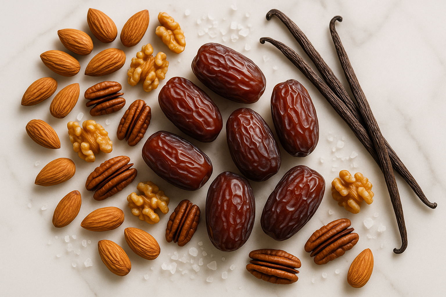 medjool dates, nuts, sea salt, vanilla bean pods